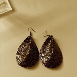 Handmade Bronze Teardrop Earrings - Textured Faux Leather & Boho-Chic